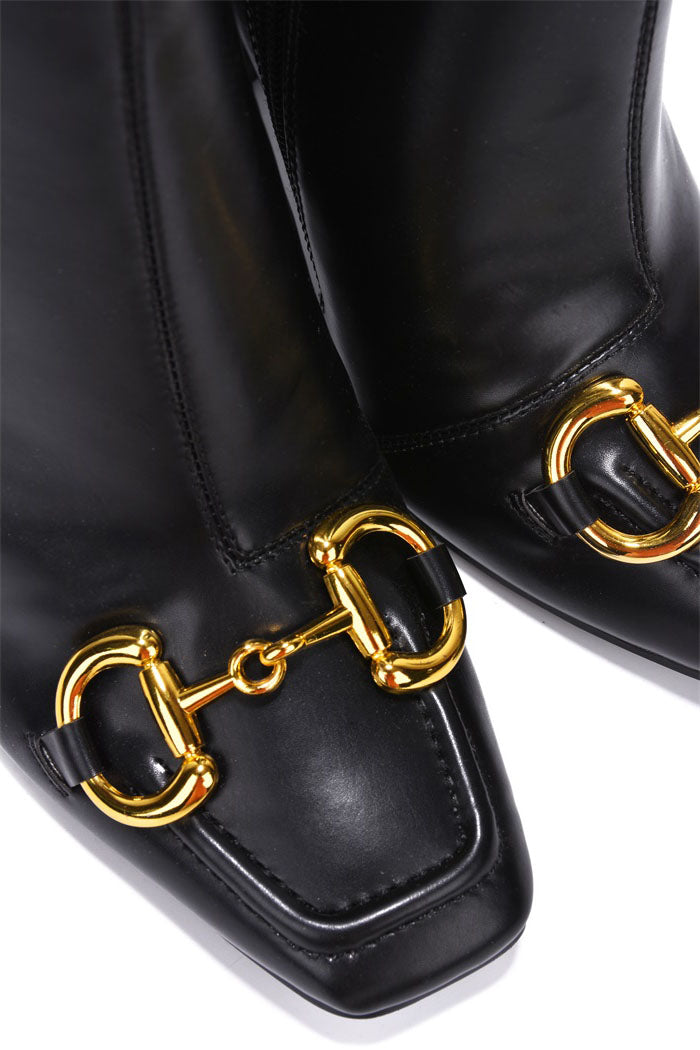 Runway Gold Horse Bit Block Heel Ankle Boots