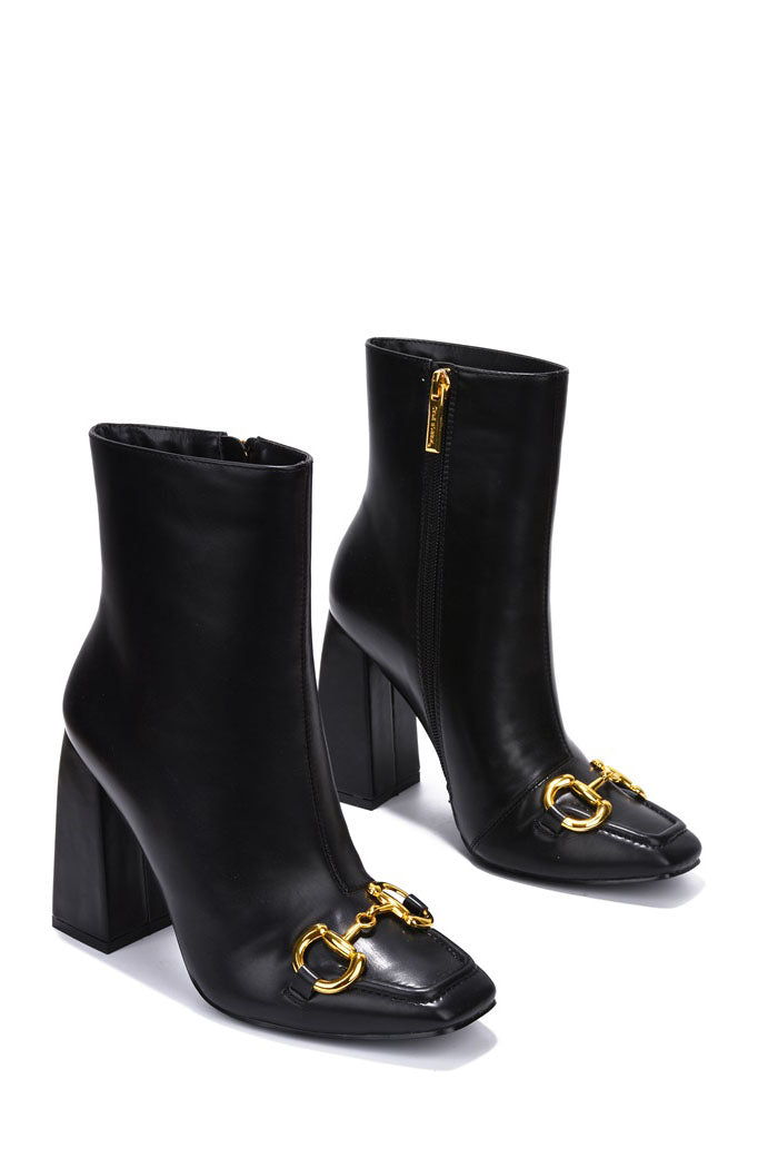 Runway Gold Horse Bit Block Heel Ankle Boots