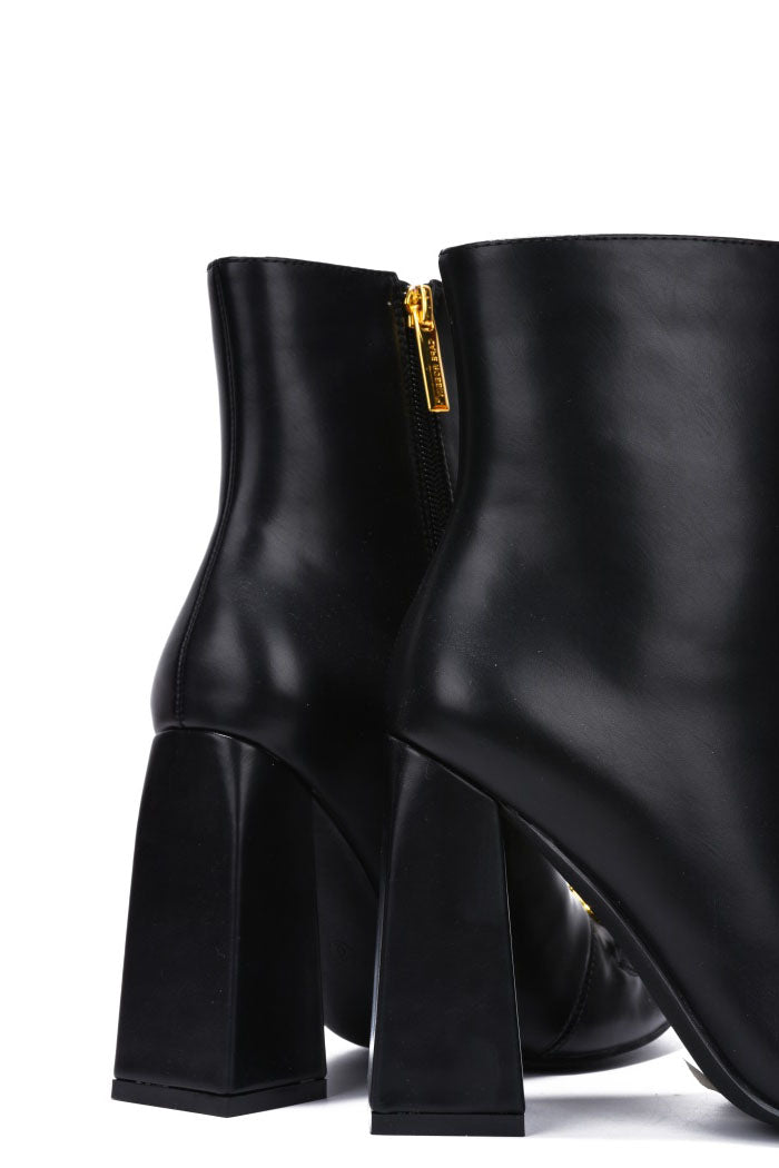 Runway Gold Horse Bit Block Heel Ankle Boots