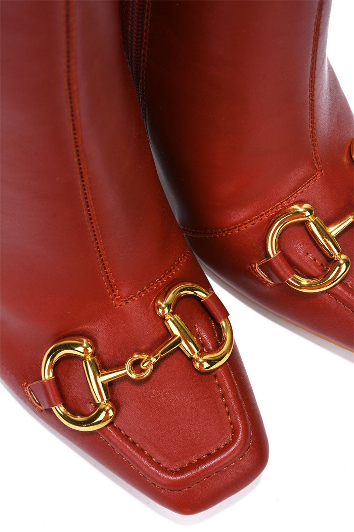 Runway Gold Horse Bit Block Heel Ankle Boots