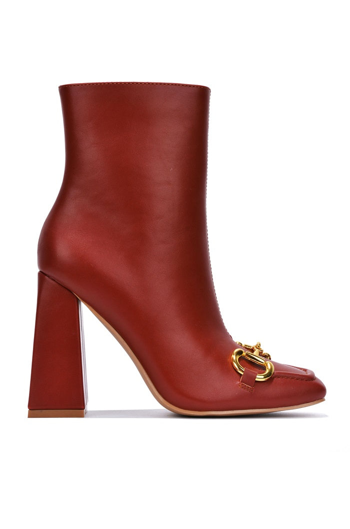 Runway Gold Horse Bit Block Heel Ankle Boots