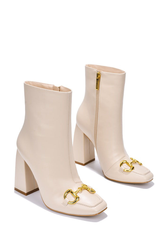 Runway Gold Horse Bit Block Heel Ankle Boots