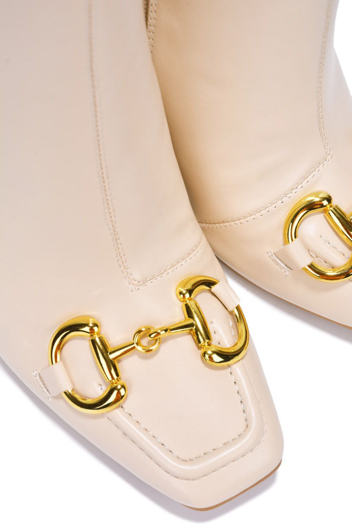 Runway Gold Horse Bit Block Heel Ankle Boots