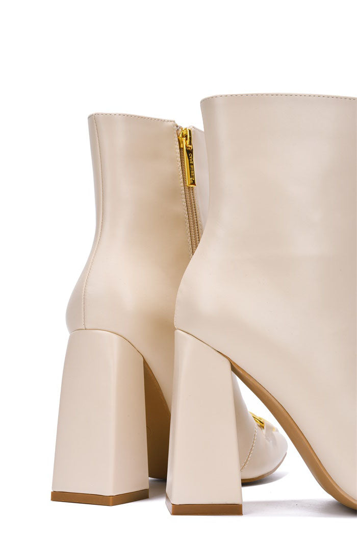 Runway Gold Horse Bit Block Heel Ankle Boots
