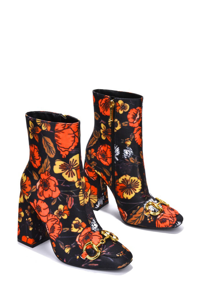 Runway Gold Horse Bit Block Heel Ankle Boots