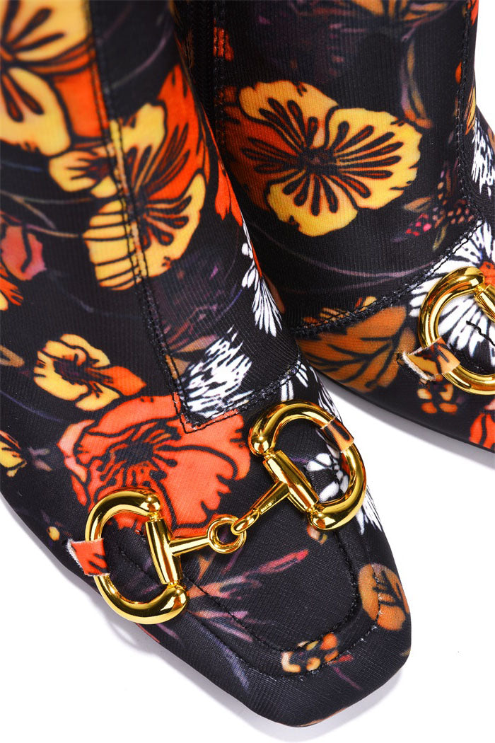 Runway Gold Horse Bit Block Heel Ankle Boots