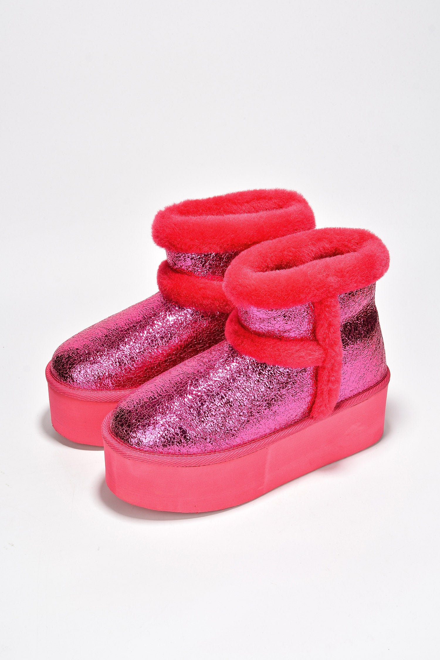 Glimmer Faux Fur Trim Metallic Platform Ankle Boots