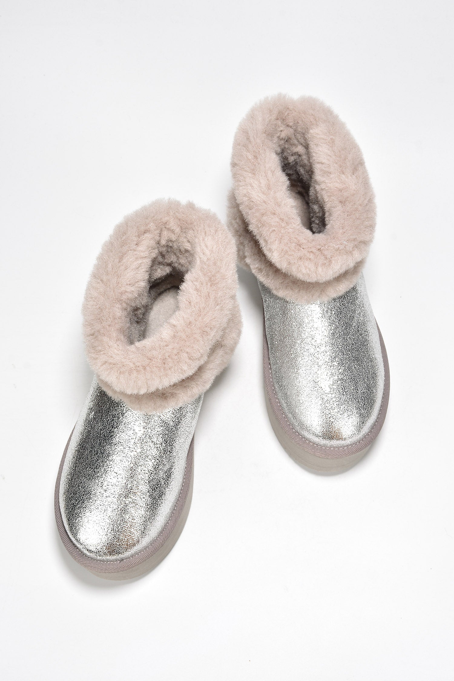 Glimmer Faux Fur Trim Metallic Platform Ankle Boots
