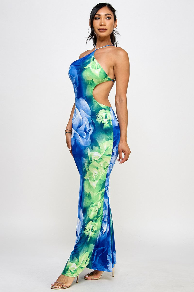 Mya Flower Print Halter Neck Open Back Mesh Maxi Dress