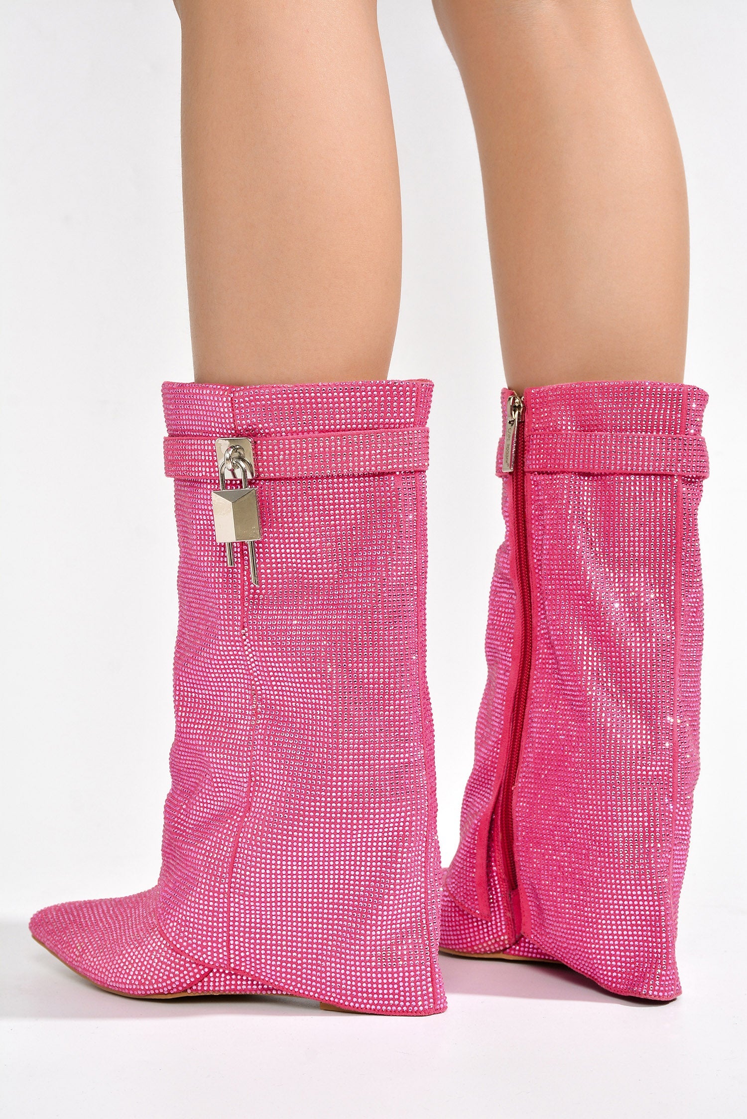 Lights On Rhinestones Studded Fold Over Mid Calf Boots