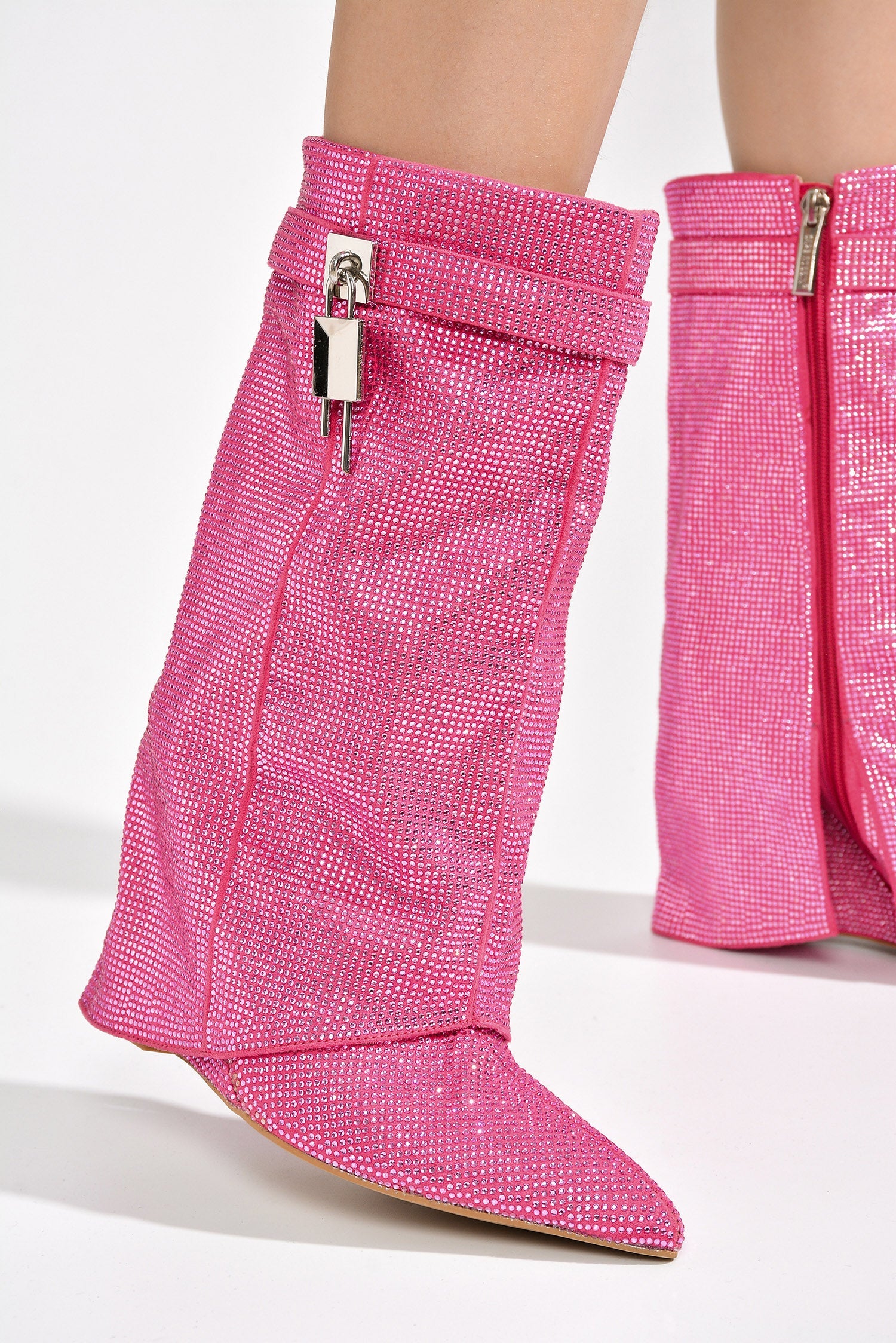 Lights On Rhinestones Studded Fold Over Mid Calf Boots