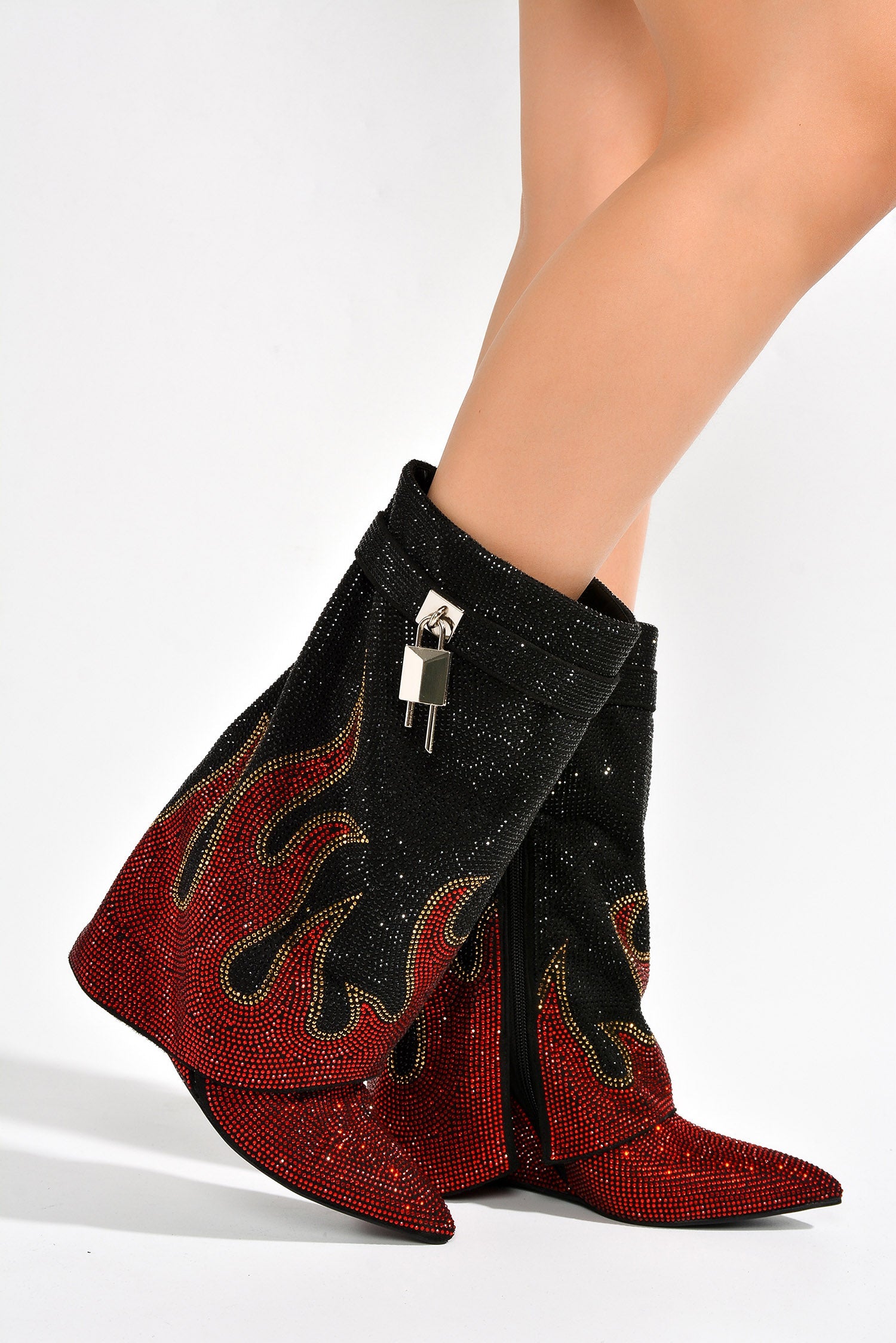 Lights On Rhinestones Studded Fold Over Mid Calf Boots