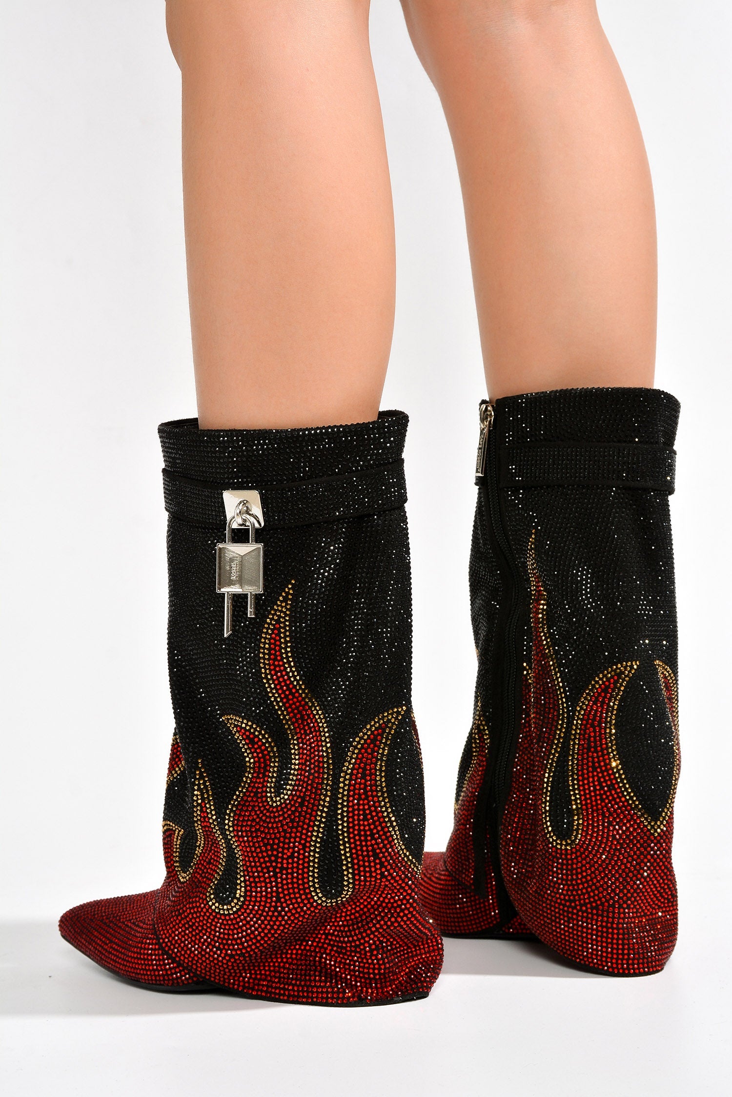 Lights On Rhinestones Studded Fold Over Mid Calf Boots