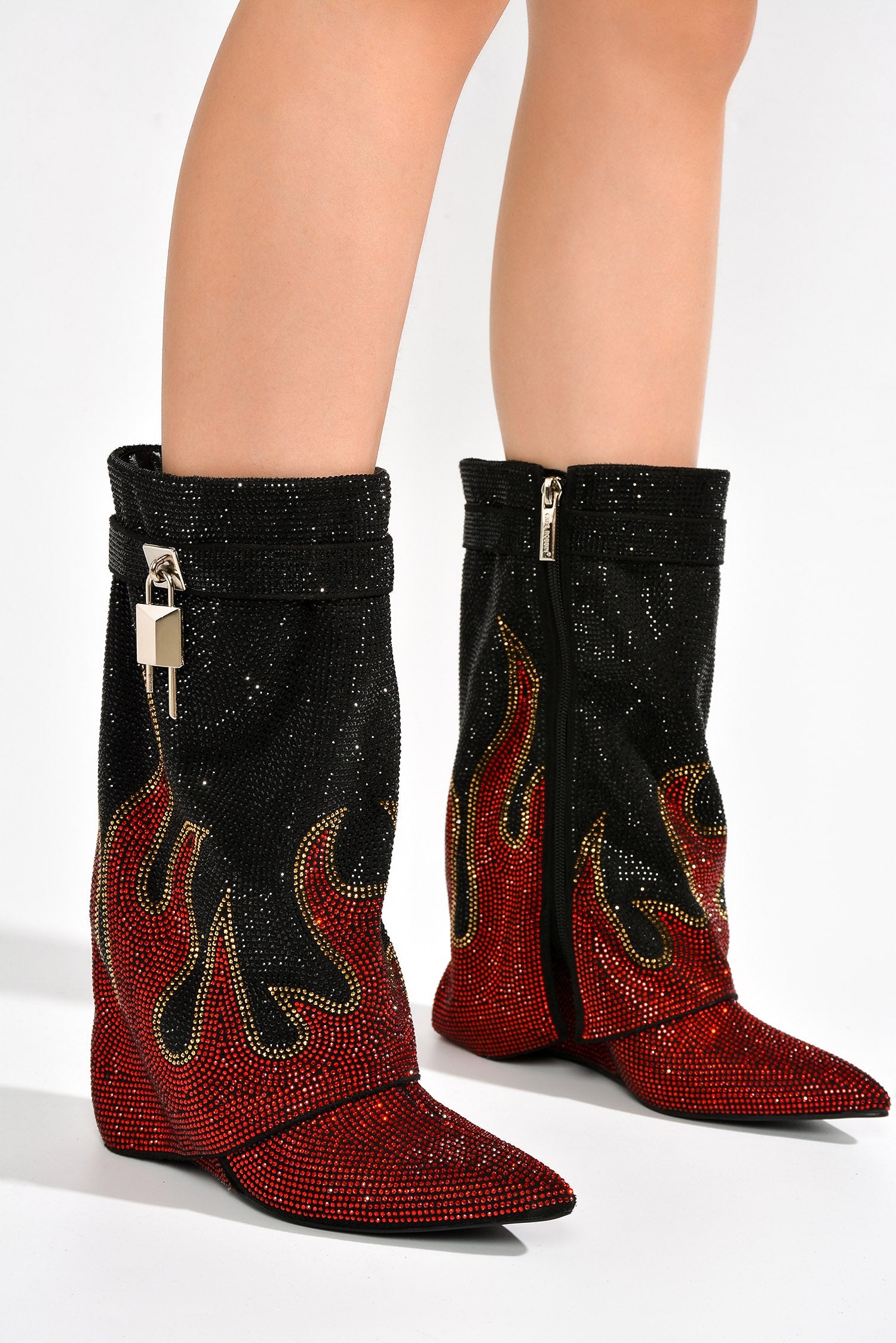 Lights On Rhinestones Studded Fold Over Mid Calf Boots