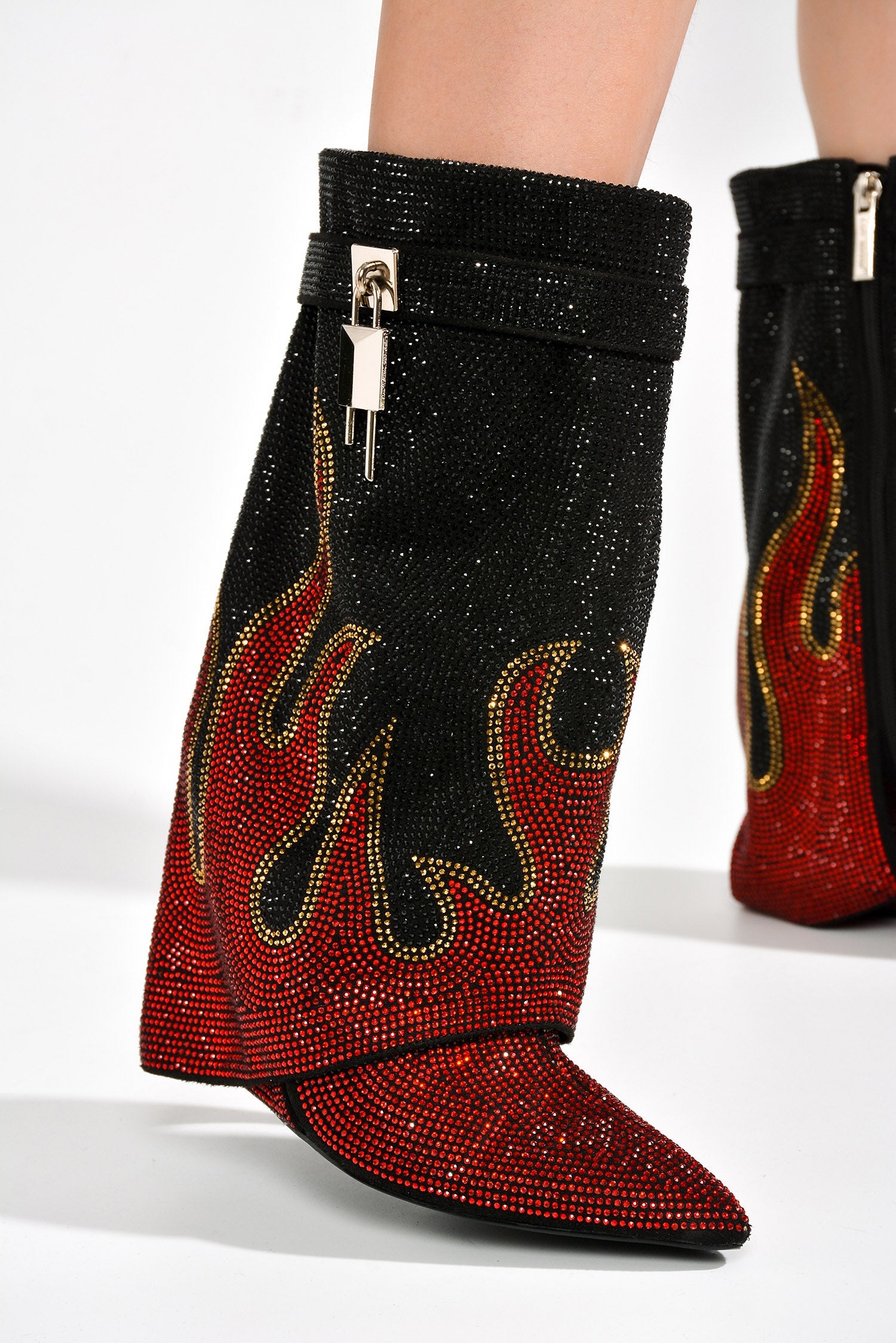 Lights On Rhinestones Studded Fold Over Mid Calf Boots