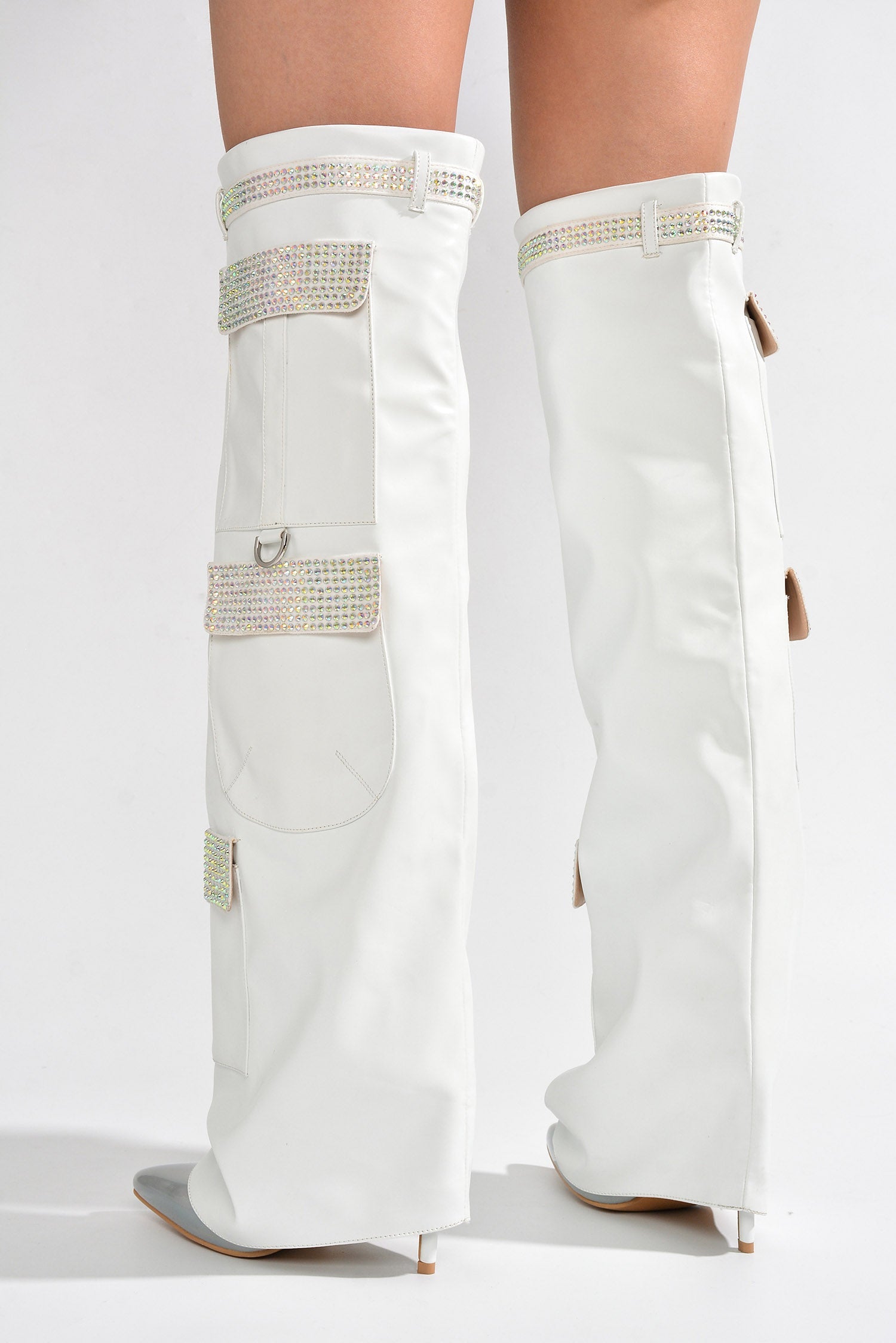 Disco Nights Rhinestone Detail Fold Over Thigh High Boots