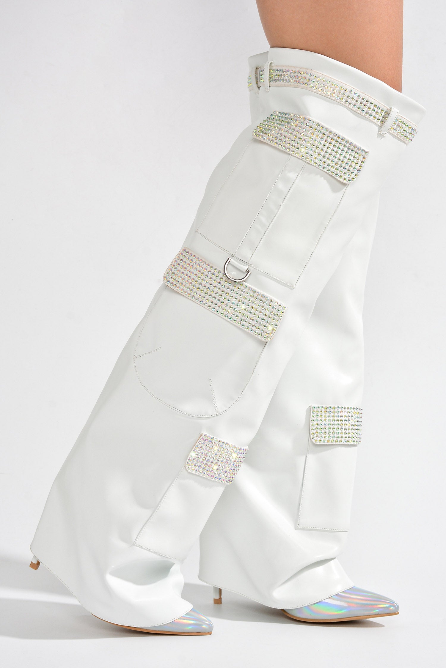 Disco Nights Rhinestone Detail Fold Over Thigh High Boots