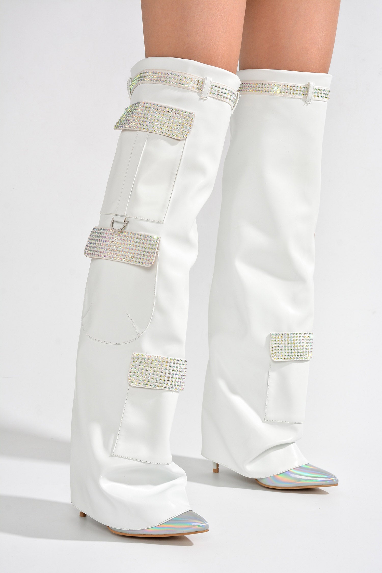 Disco Nights Rhinestone Detail Fold Over Thigh High Boots