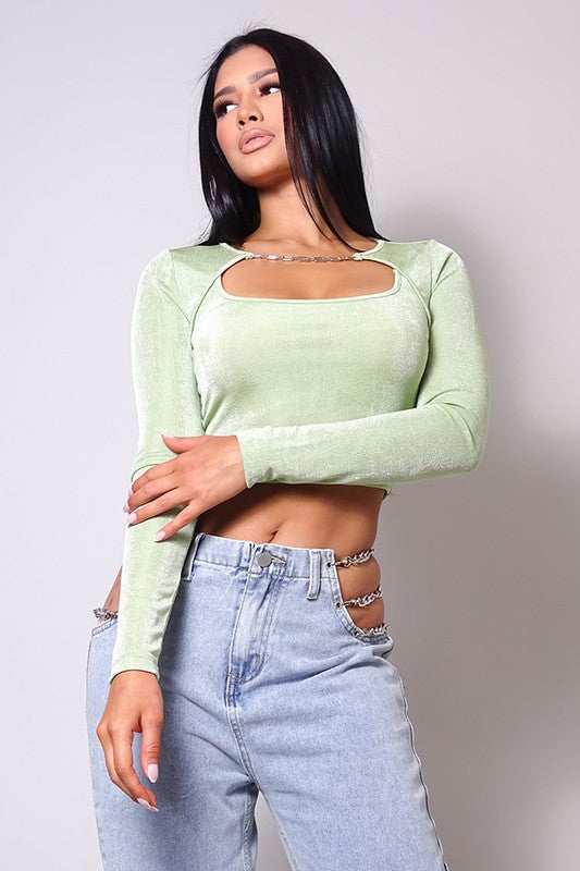 On The Scene Chain Trim Front Cutout Crop Top