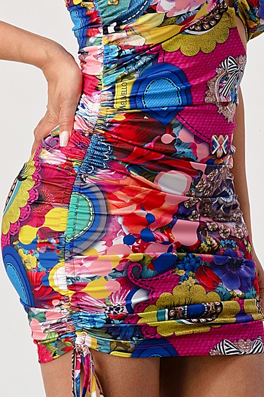 Aura Psychedelic Print One Shoulder Ruched Mini Dress