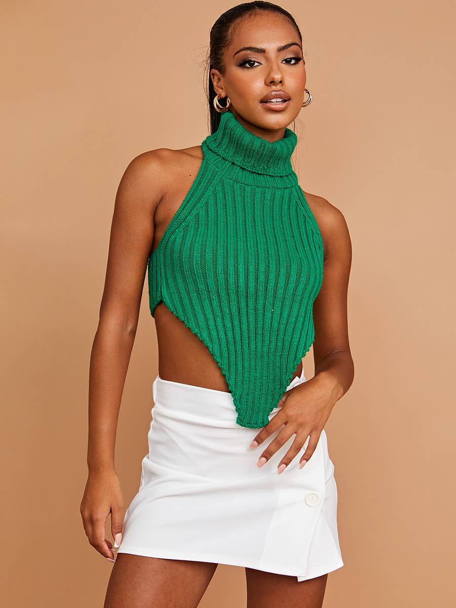 Trendsetter Asymmetric Hem High Neck Crop Top