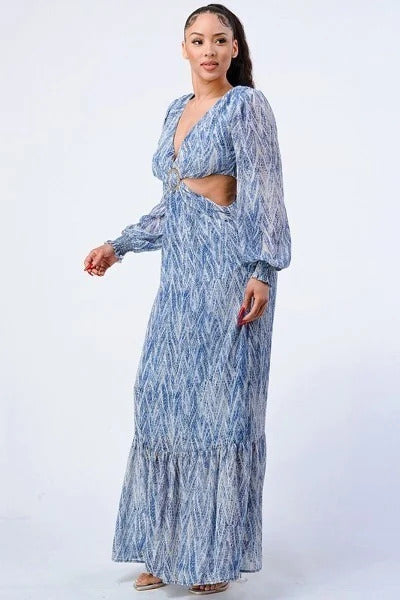 Summer Beauty Bell Sleeves Side Cut Out Floral Maxi Dress