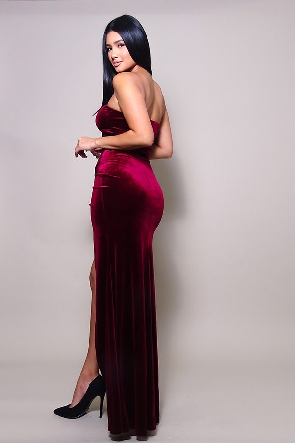 Priscilla Strapless Wrap Detail Velvet Maxi Dress
