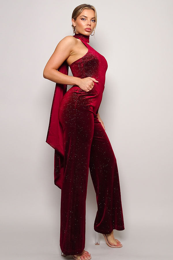 Orion Scarf Neckline Glitter Embelished Velvet Jumpsuit