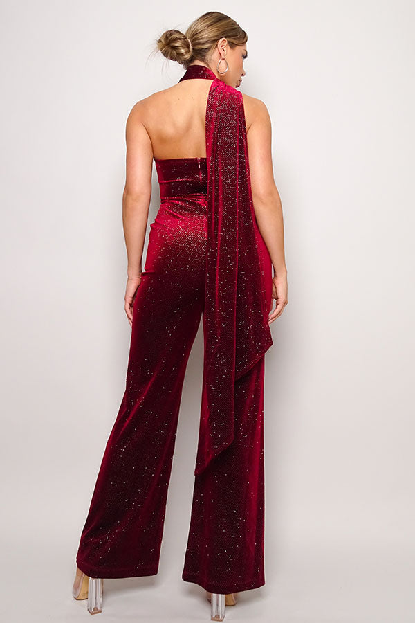 Orion Scarf Neckline Glitter Embelished Velvet Jumpsuit