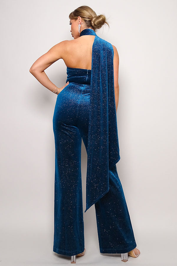 Orion Scarf Neckline Glitter Embelished Velvet Jumpsuit