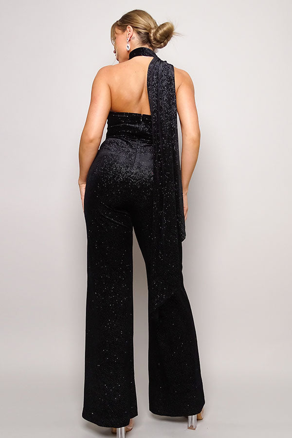 Orion Scarf Neckline Glitter Embelished Velvet Jumpsuit