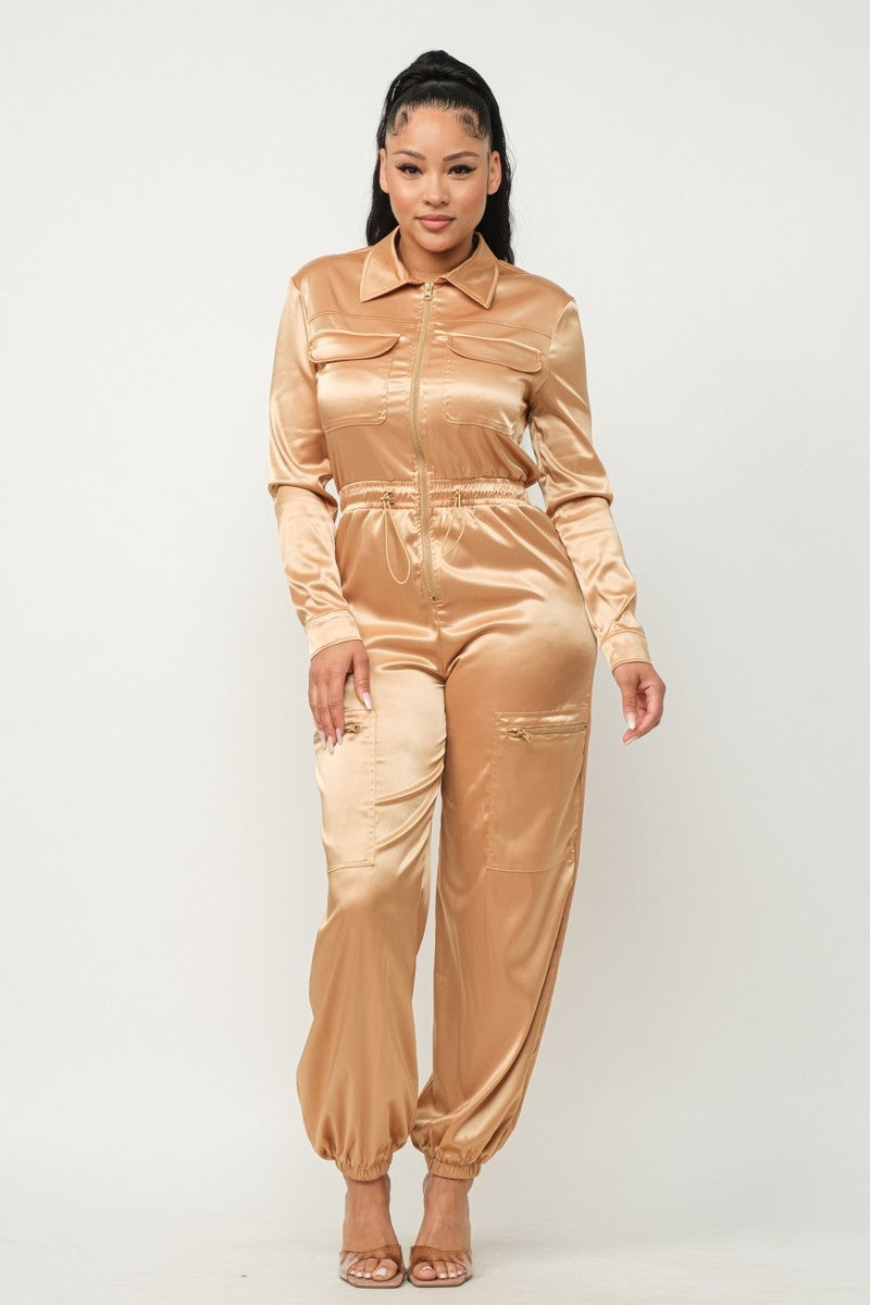 Showtime Front Zip Long Sleeve Satin Jumpsuit