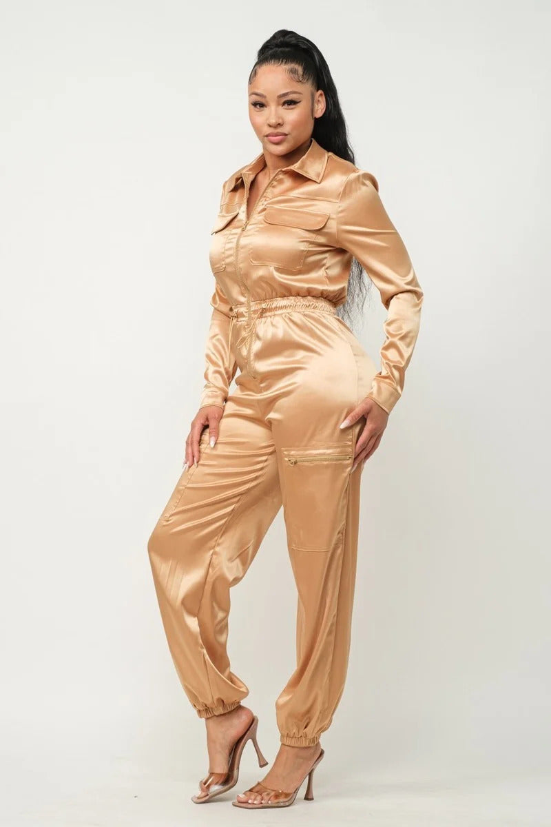 Showtime Front Zip Long Sleeve Satin Jumpsuit