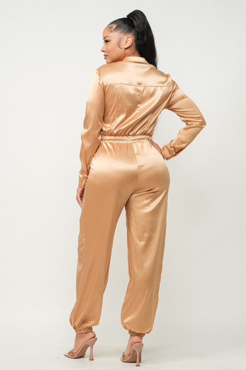 Showtime Front Zip Long Sleeve Satin Jumpsuit