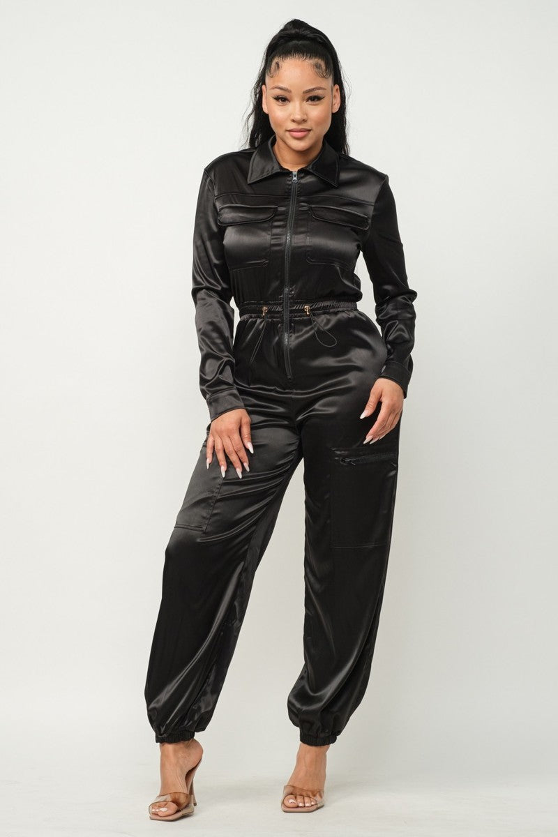 Showtime Front Zip Long Sleeve Satin Jumpsuit