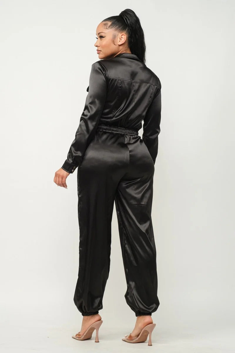 Showtime Front Zip Long Sleeve Satin Jumpsuit