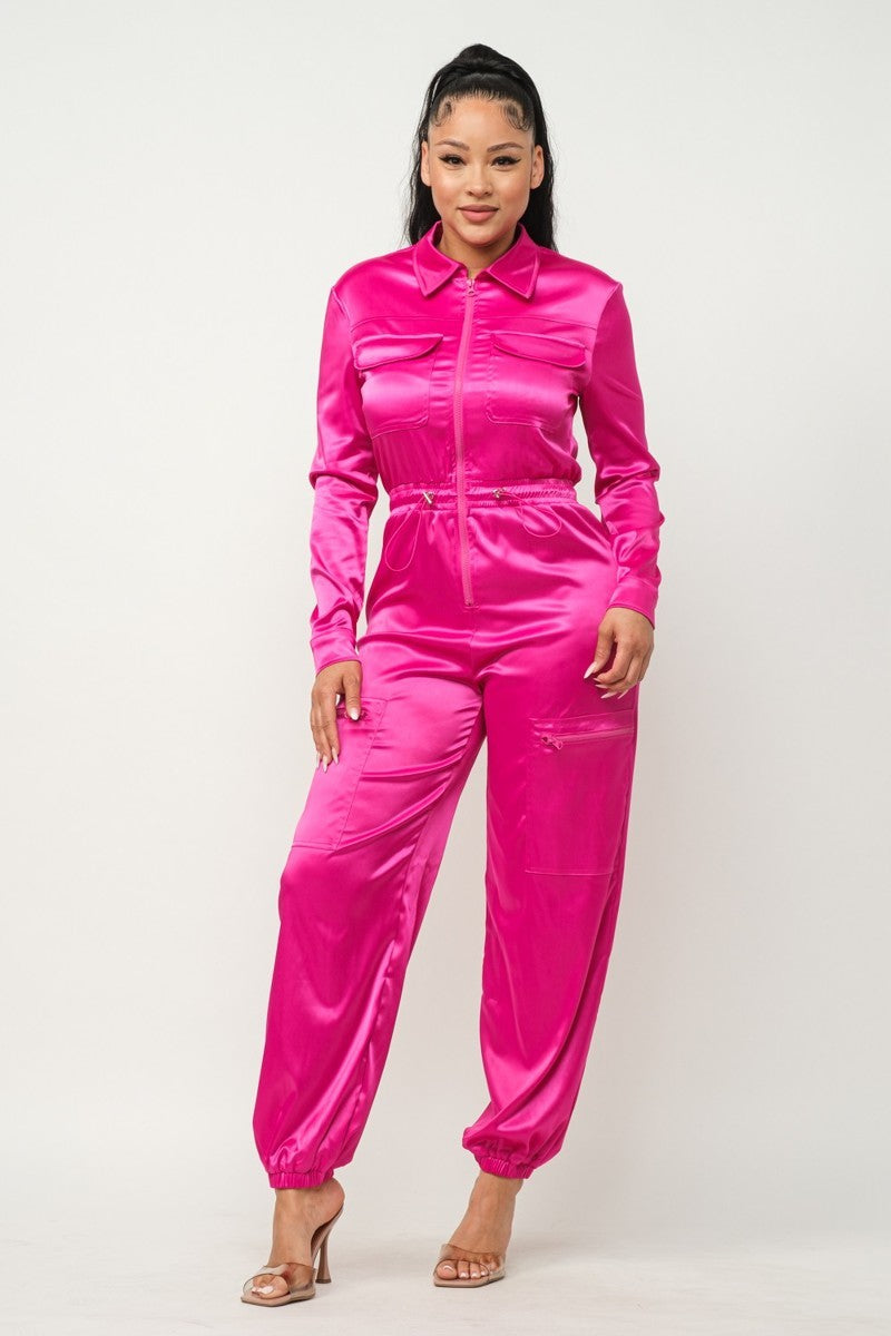 Showtime Front Zip Long Sleeve Satin Jumpsuit