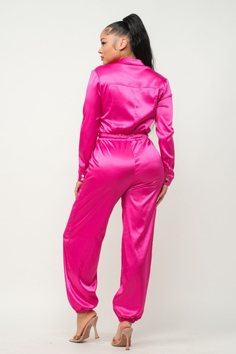 Showtime Front Zip Long Sleeve Satin Jumpsuit