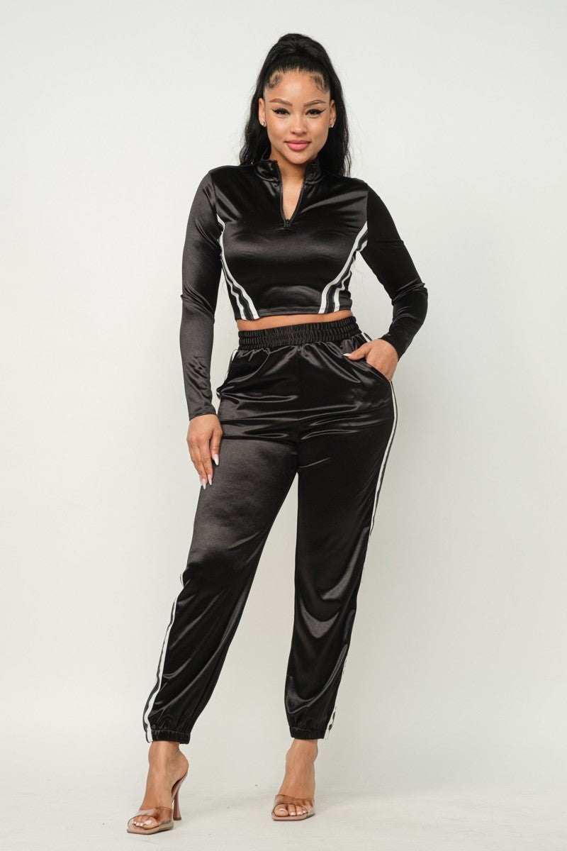 Casually Glam Two Piece Satin Jogger Set
