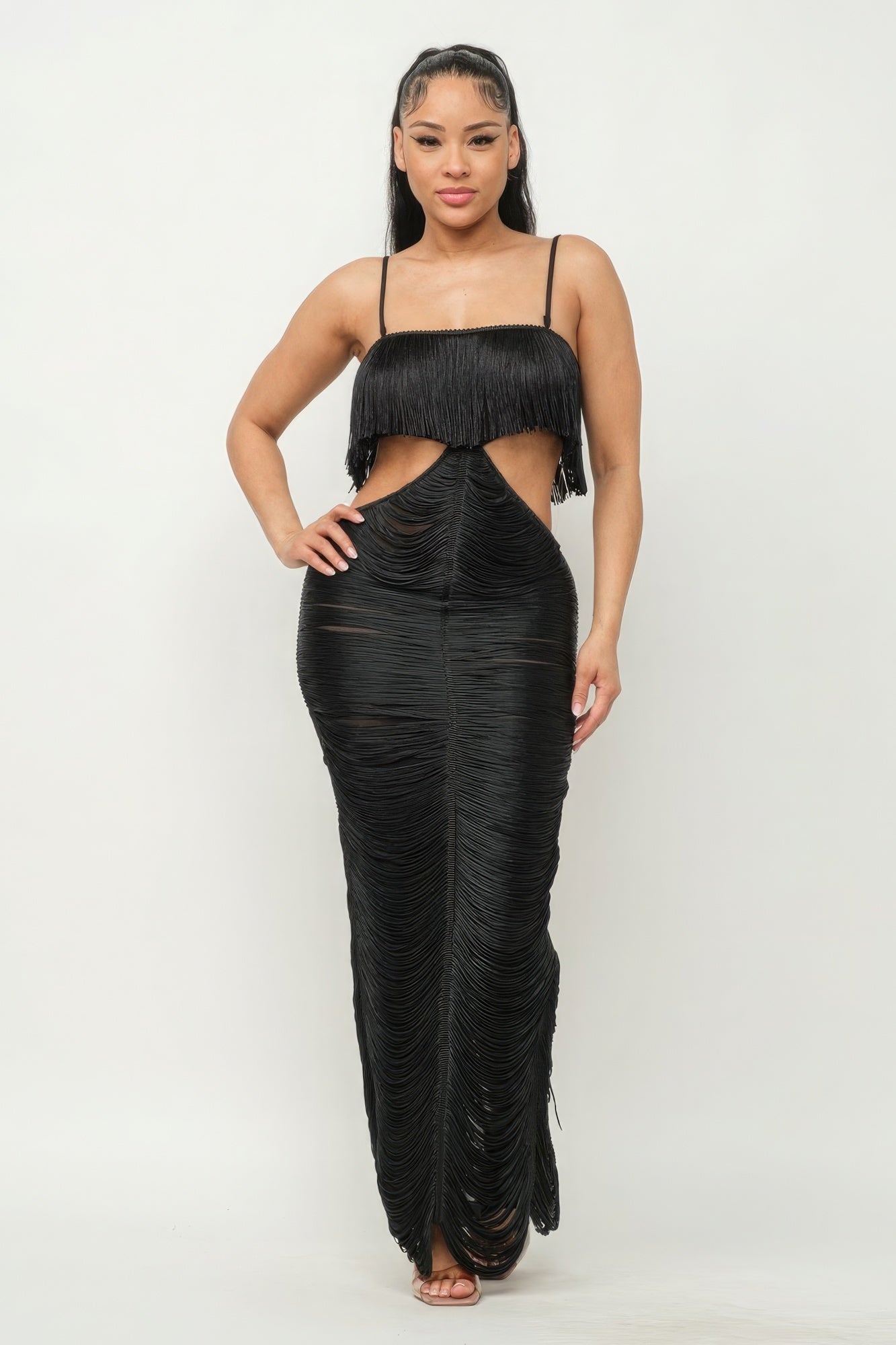 Sweet Karma Layered Fringe Cut Out Maxi Dress