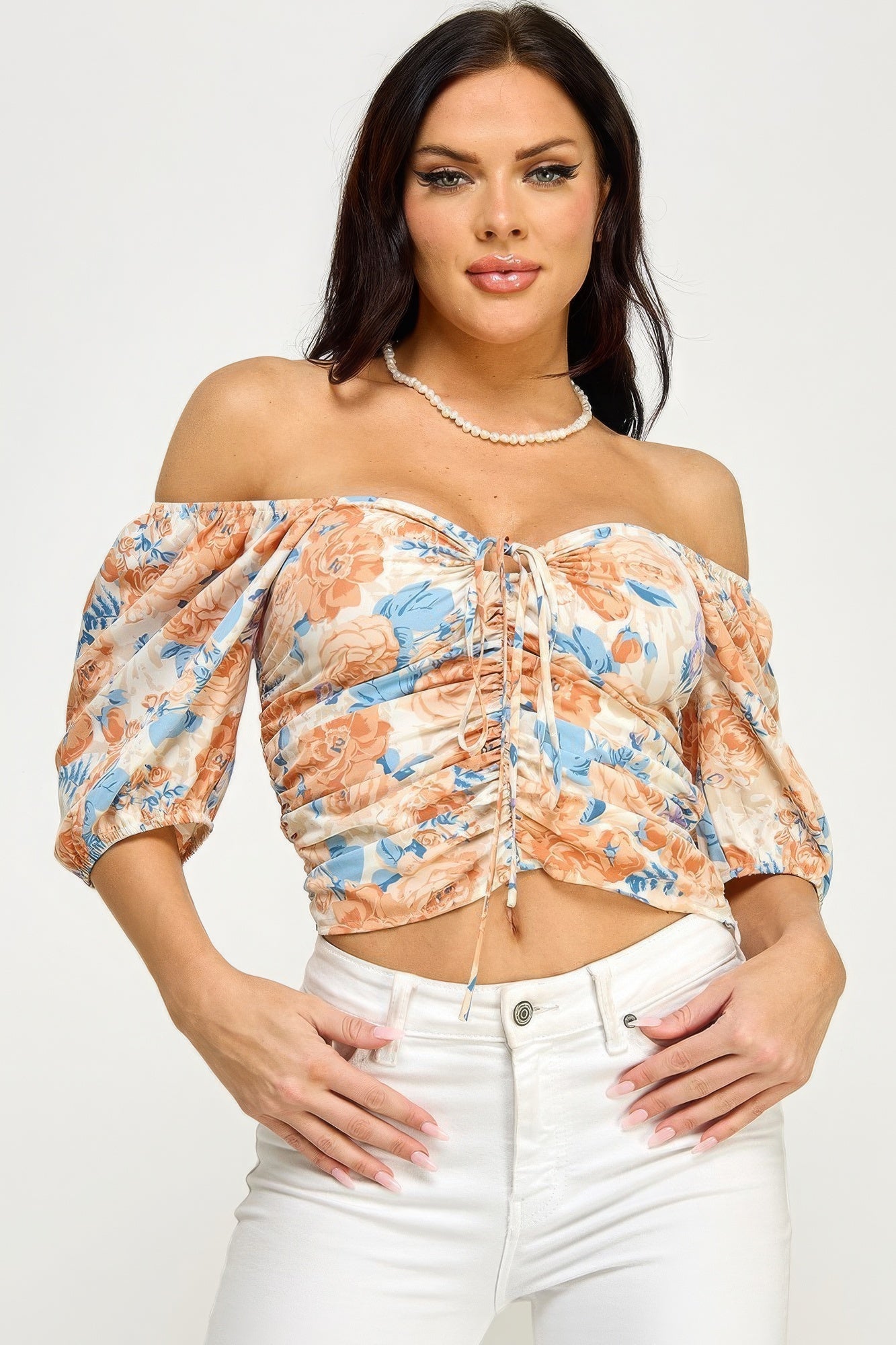 Amelie Floral Print Lace Up Ruched Top