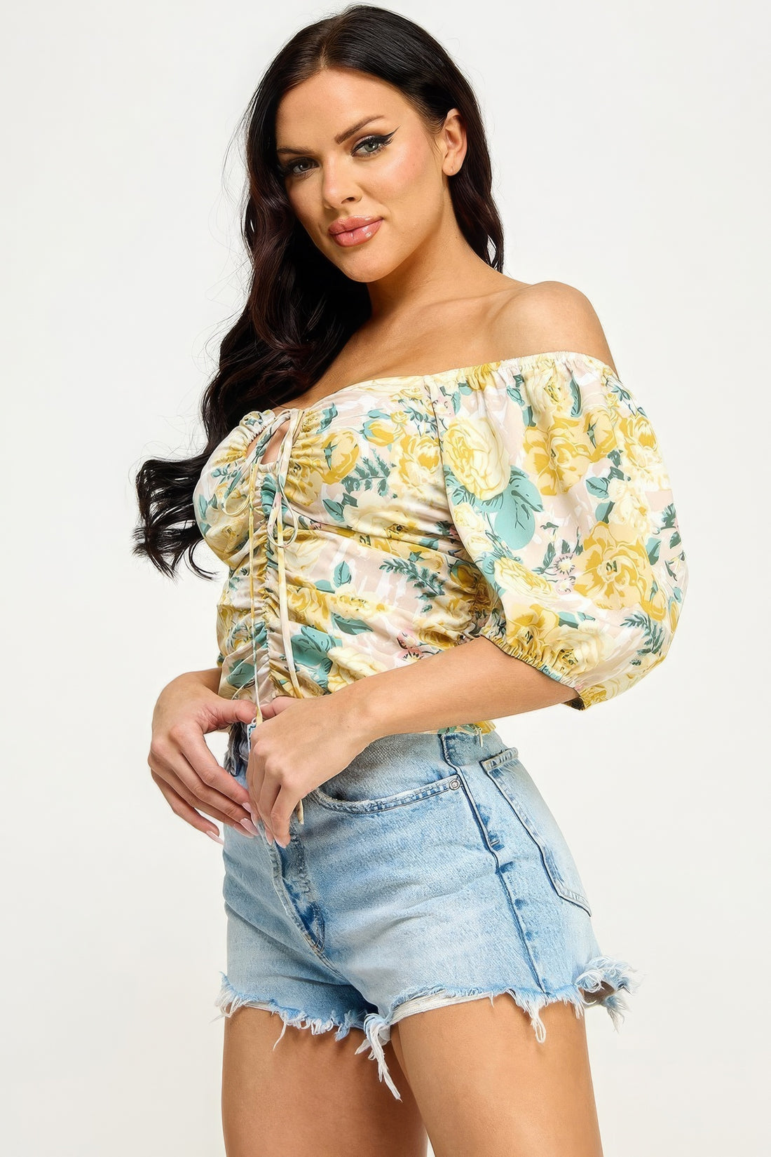 Amelie Floral Print Lace Up Ruched Top