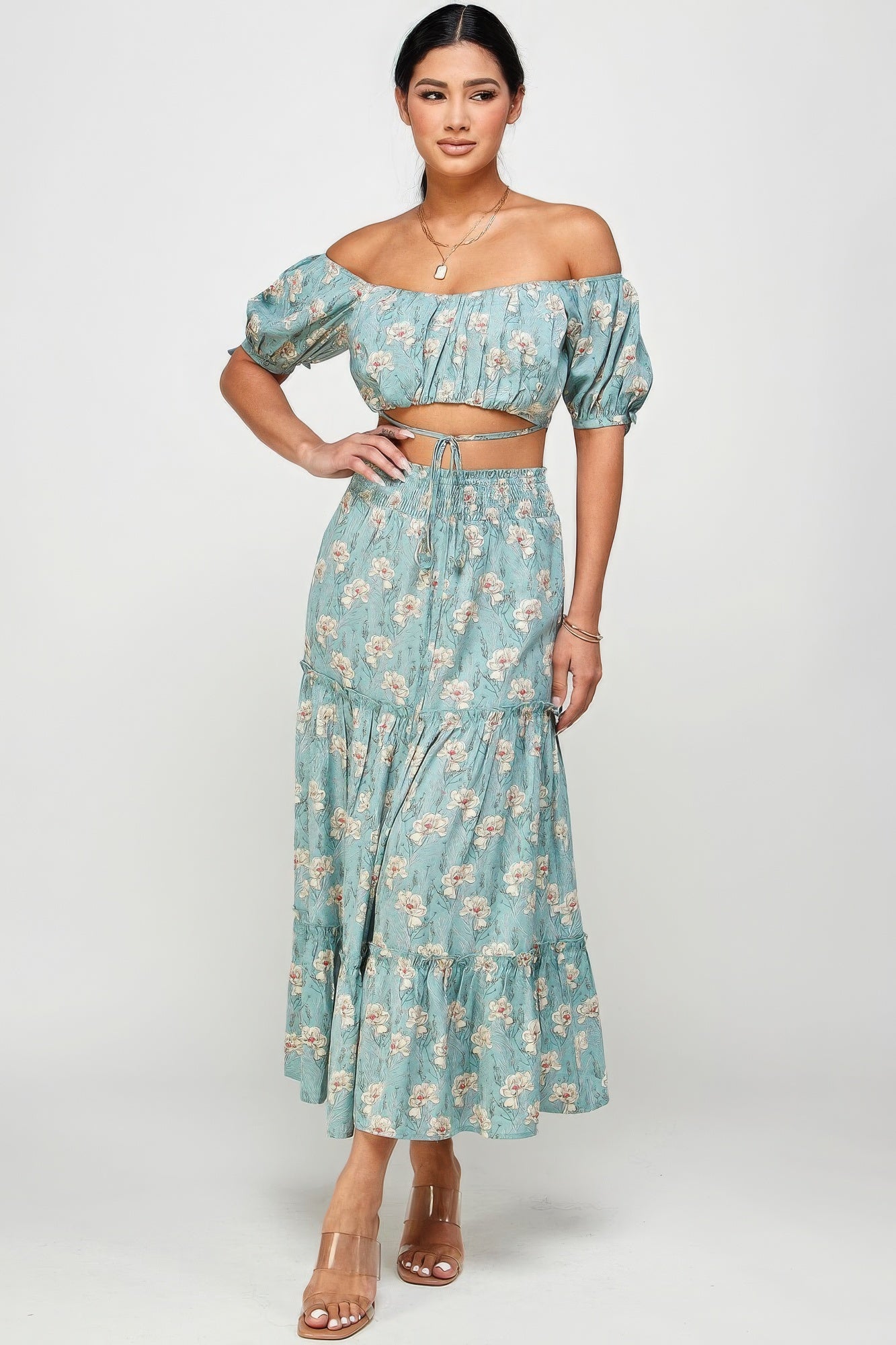 Flora Off Shoulder Cropped Top And Maxi Skirt Set