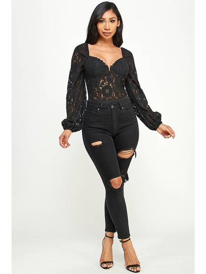 Georgia Lace Sweetheart Neck Long Sleeves Bodysuit
