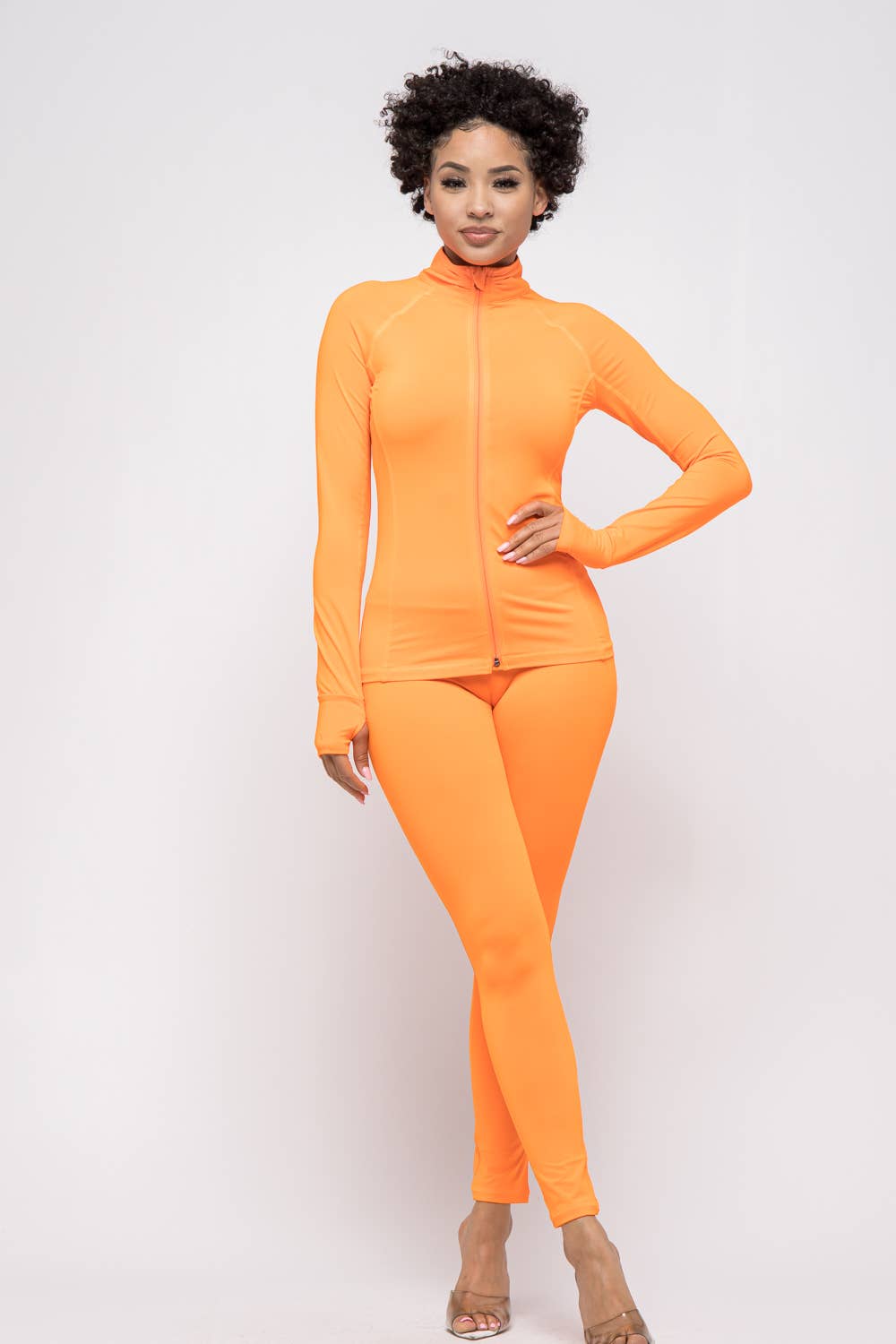 Comfy Peach Front Zipper Open Thumb Jacket And Leggings Set