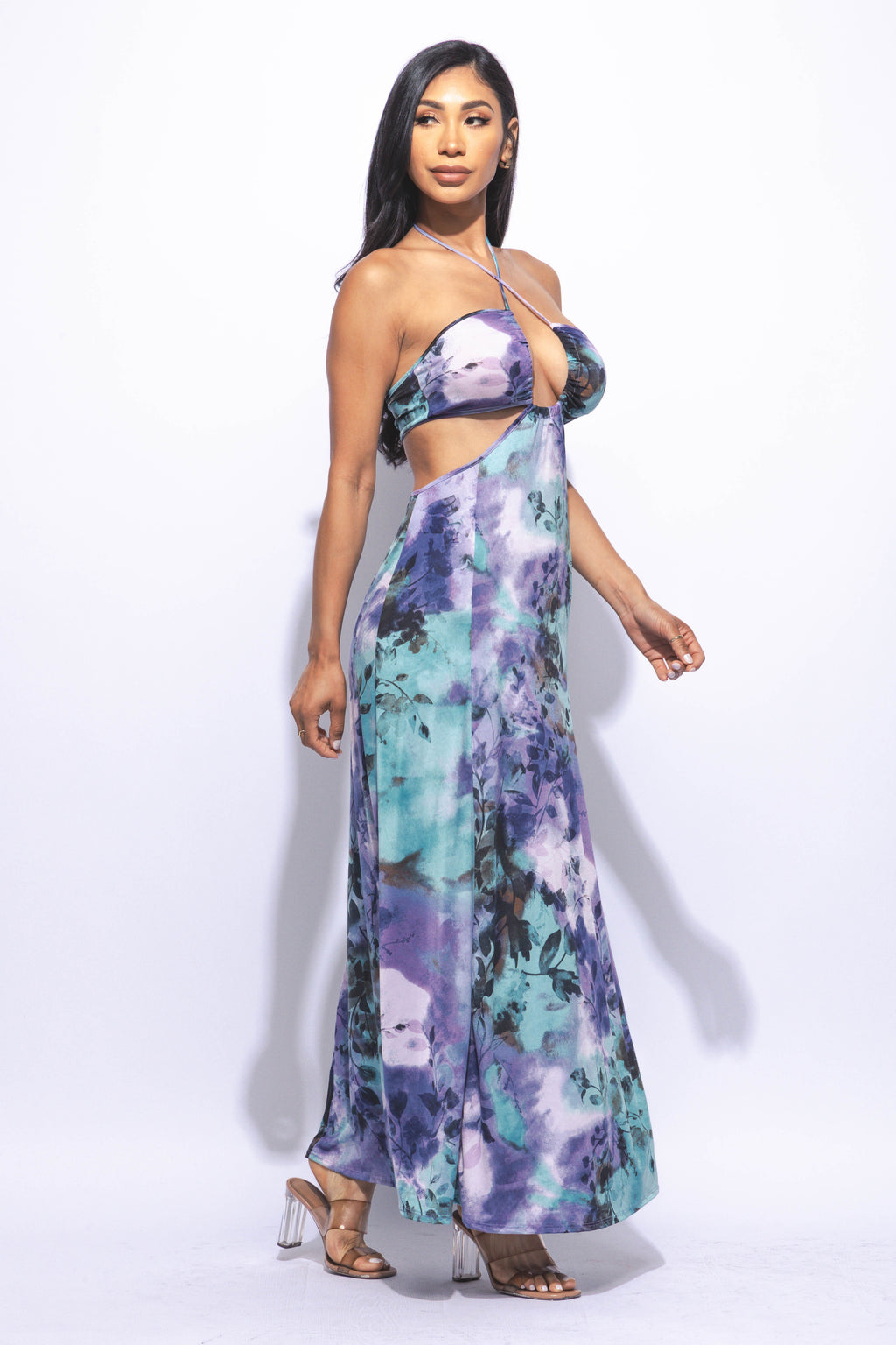 Nara Halter Neck Tropical Print Slit Front Maxi Dress