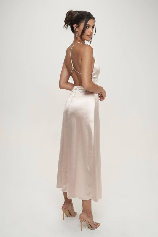 Karine Deep V Neck Halter Satin Slip Dress