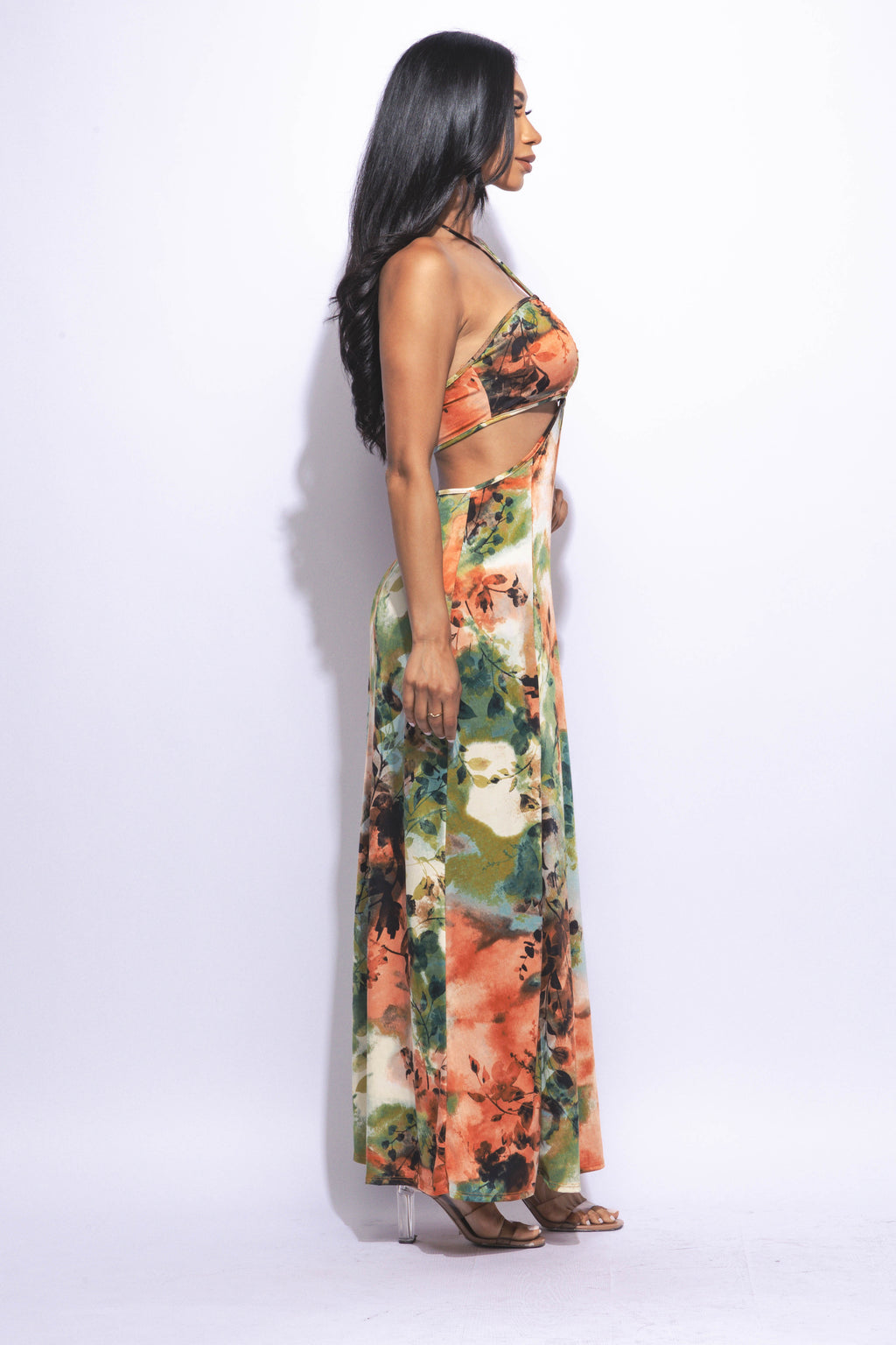 Nara Halter Neck Tropical Print Slit Front Maxi Dress