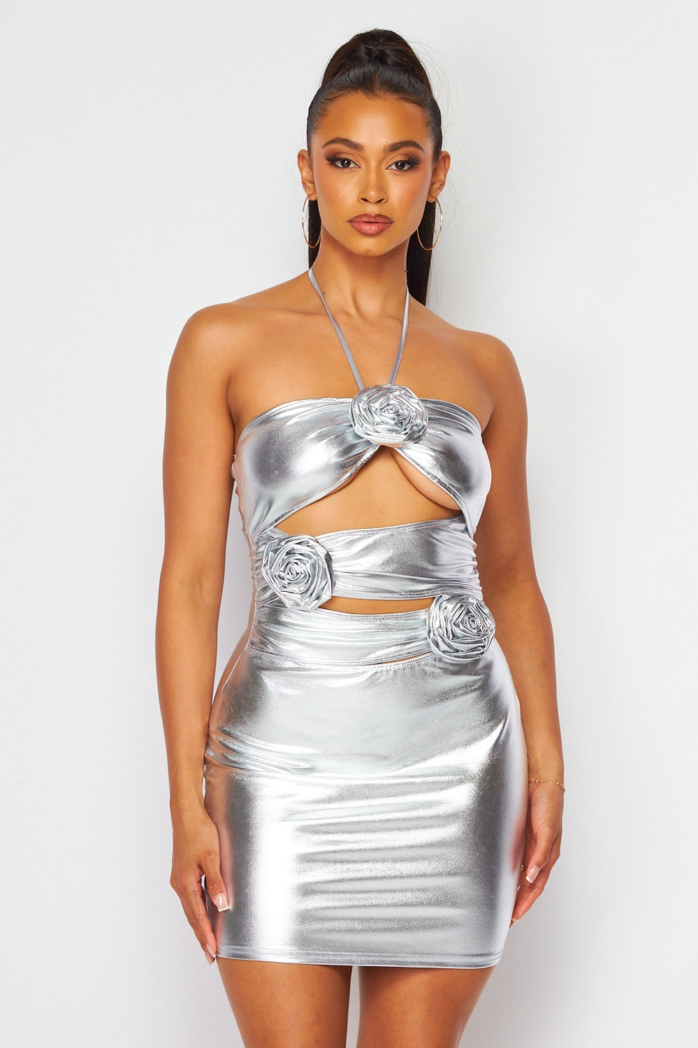 Heartbreaker Rosette Detail Metallic Halter Mini Dress