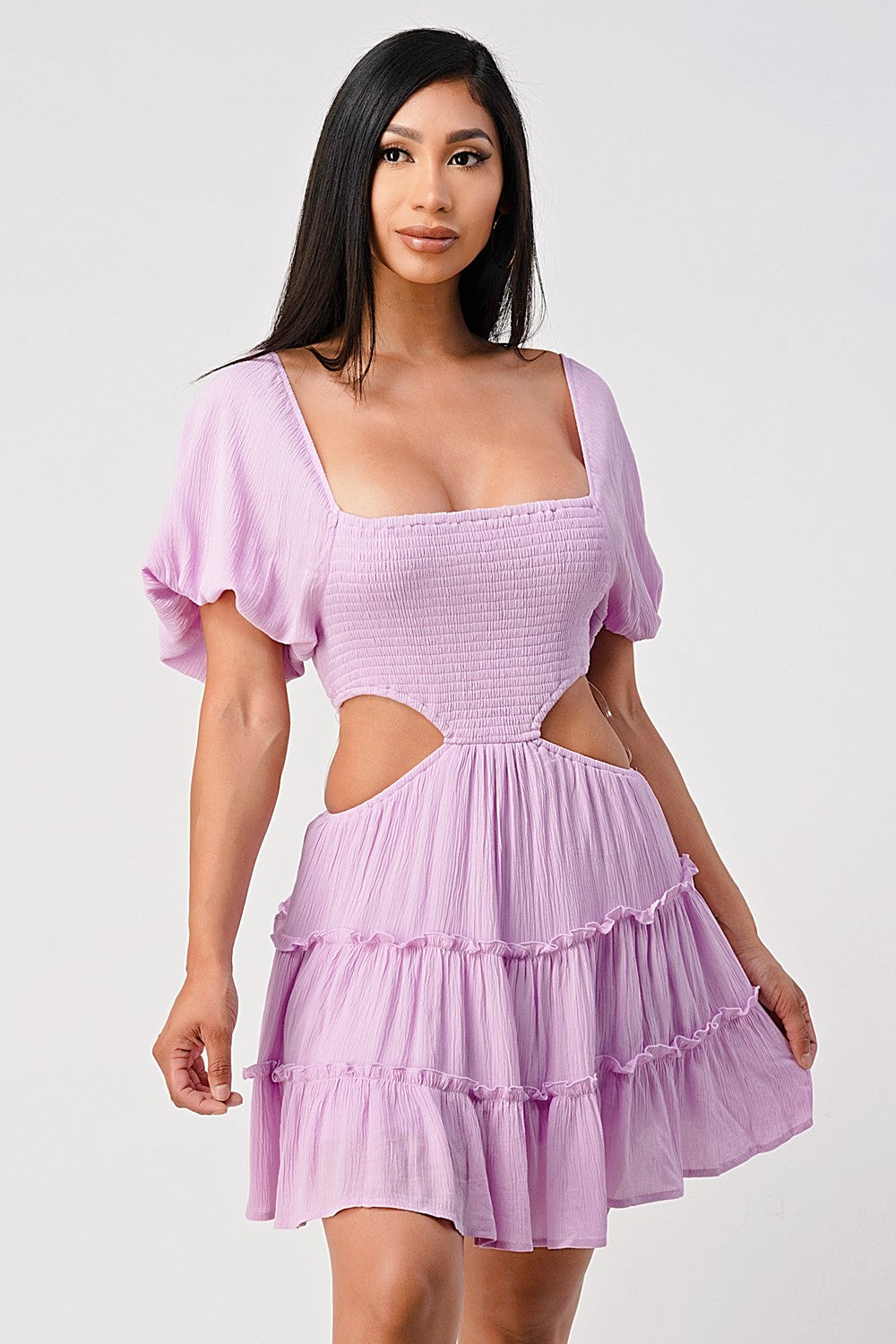 Obsessed Puff Sleeve Cut Out Shirred Mini Dress